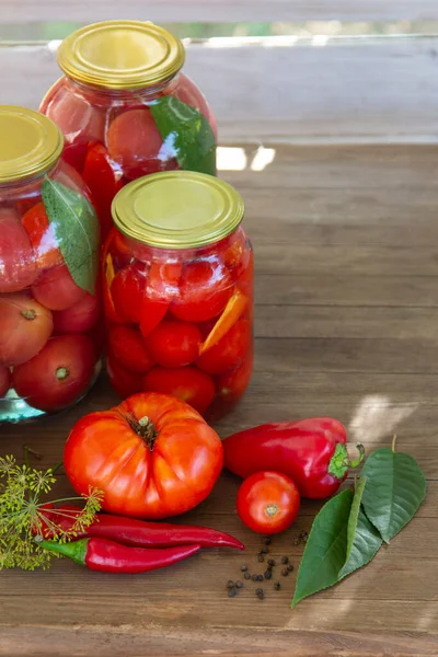 Preserves Vegetables Glass Wood Background Marinated Fermented Pickled Fermer Food — Stock Photo, Image