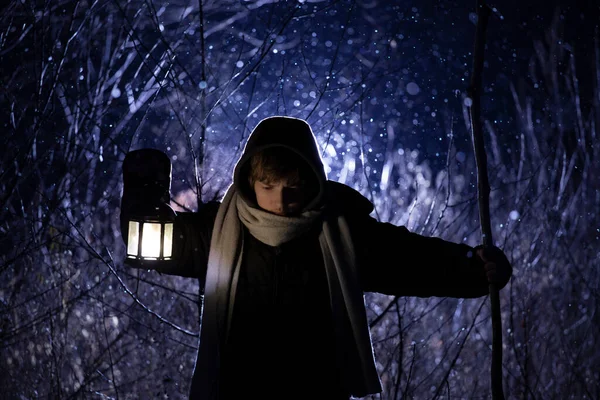 Mysterious Man Came Out Winter Forest Hand Torch — Stock Photo, Image