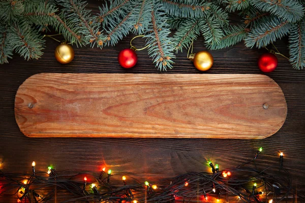 Рождественская Елка Украшения Деревянном Фоне Надписей — стоковое фото
