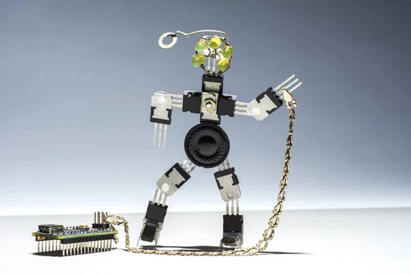 The funny, cute robot from microcircuits and transistors keeps a board on a chain-leash as a dog.