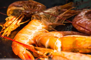 Bir sürü haşlanmış Kral karides satırlardaki kullanıma hazır paketlenmiştir. İştah açıcı yemek. Deniz ürünleri yakın çekim.