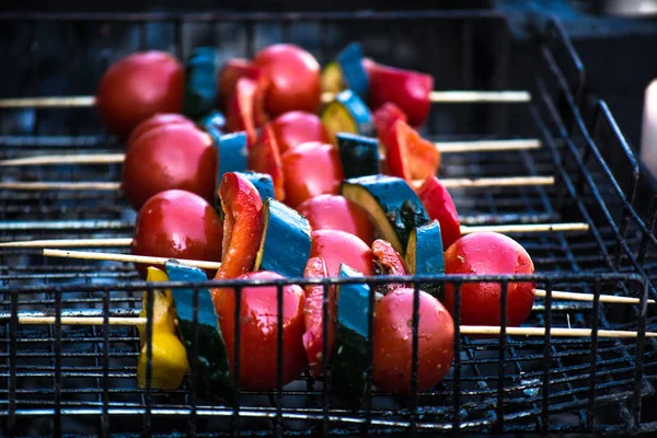 Appetizing grilled vegetables on skewers over steaming brazier. Picnic with vegetables grilled in nature.