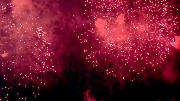 Feux d'artifice dans le ciel nocturne. Explosion de nombreuses lumières vives. Pris le 9 mai célébration. Fête d'événement feu et pyrotechnie . — Video