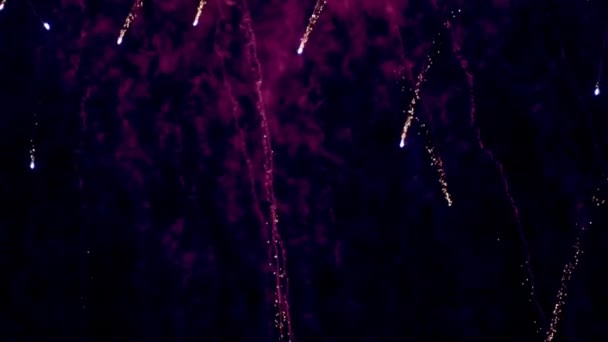 Fuegos artificiales en el cielo nocturno. Explosión de muchas luces brillantes. Tomado en la celebración del 9 de mayo. Fiesta de eventos de fuego y pirotecnia . — Vídeo de stock