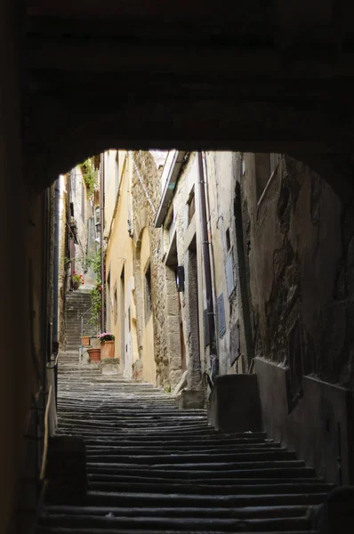 Dar Arnavut Kaldırımlı Sokakta Dik Bir Merdiven Cortona Toskana Talya — Stok fotoğraf