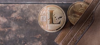 Ahşap masa üstü deri cüzdan ile Litecoin