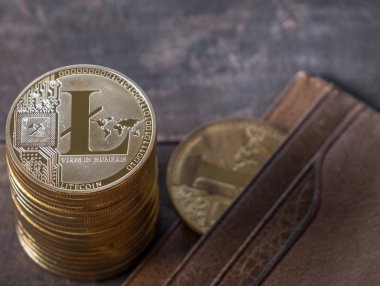 Ahşap masa üstü deri cüzdan ile Litecoin