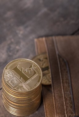 Ahşap masa üstü deri cüzdan ile Litecoin