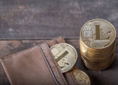 Ahşap masa üstü deri cüzdan ile Litecoin