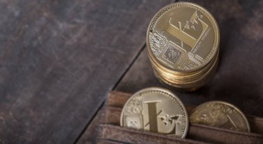 Ahşap masa üstü deri cüzdan ile Litecoin