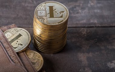 Ahşap masa üstü deri cüzdan ile Litecoin