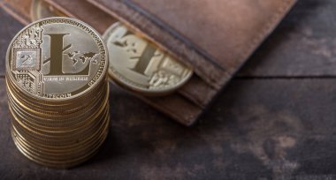 Ahşap masa üstü deri cüzdan ile Litecoin
