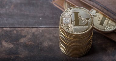 Ahşap masa üstü deri cüzdan ile Litecoin