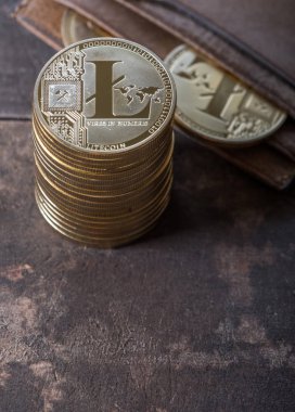 Ahşap masa üstü deri cüzdan ile Litecoin