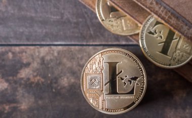 Ahşap masa üstü deri cüzdan ile Litecoin