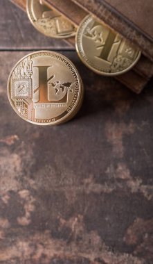 Ahşap masa üstü deri cüzdan ile Litecoin