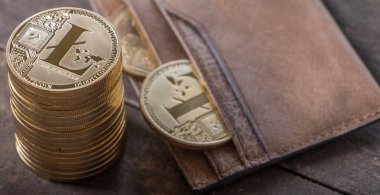 Ahşap masa üstü deri cüzdan ile Litecoin