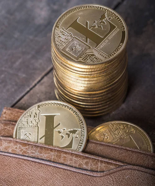 Litecoin Leather Wallet Wooden Table Top — Stock Photo, Image