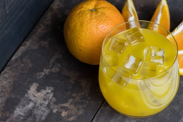 Cold Fresh Orange Juice Fruits Wooden Table — Stock Photo, Image