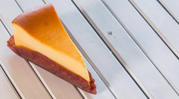 Slice Cheese Cake Wooden Table Top — Stock Photo, Image