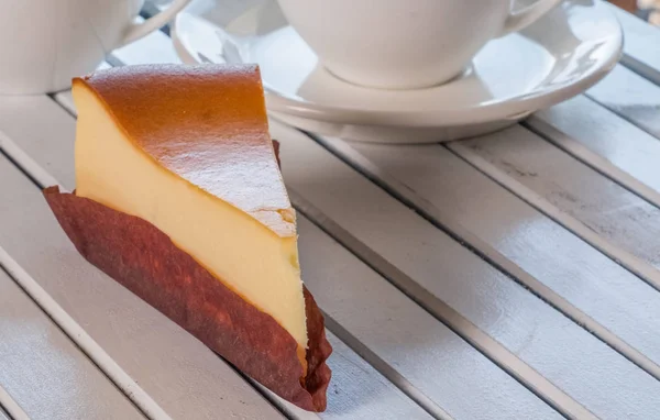 Slice Cheese Cake Wooden Table Top — Stock Photo, Image