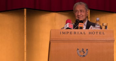 TOKYO, JAPAN - JUNE 10TH, 2018. Malaysian Prime Minister, Tun Mahathir Mohamad delivering a speech at a Malaysian gathering in Tokyo. clipart