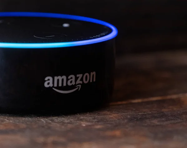 Tokyo, Japonya - 28 Haziran 2018. Amazon'un yankı nokta, Alexa sanal asistan ahşap tahta üzerinde.