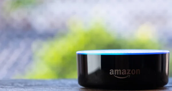 Tokyo, Japonya - 28 Haziran 2018. Amazon'un yankı nokta, Alexa sanal asistan ahşap tahta üzerinde.