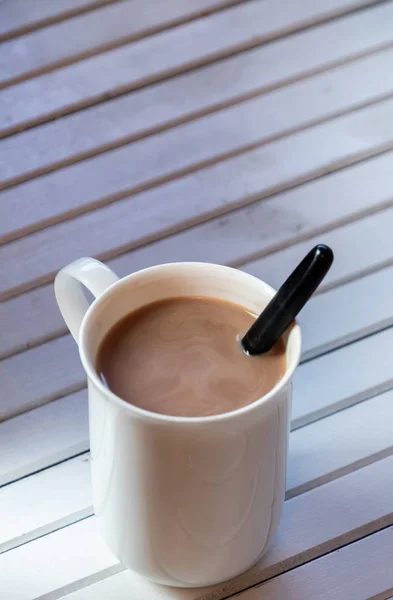 Hot Chocolate White Mug Wooden Background — Stock Photo, Image