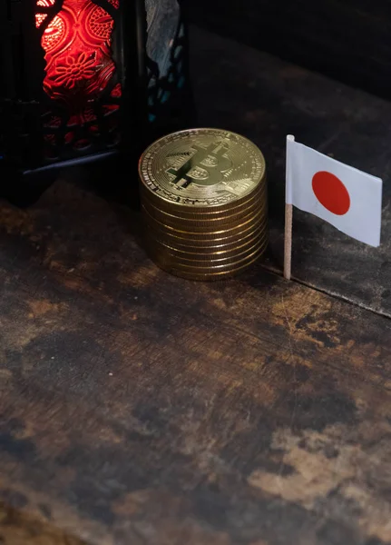 Japanese Miniature Flag Bitcoin Wooden Board — Stock Photo, Image