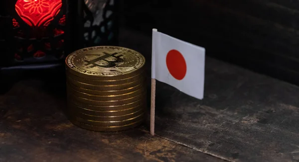 Flaga Japońskie Miniaturowe Bitcoin Desce — Zdjęcie stockowe