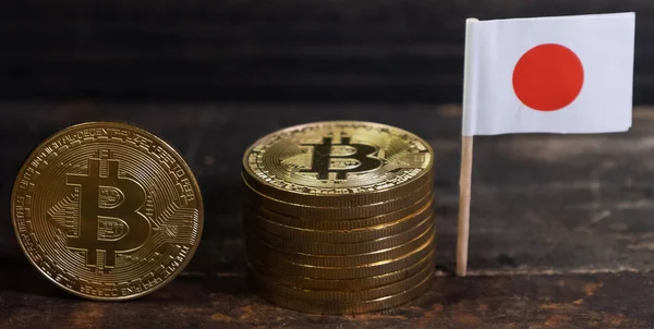 Flaga Japońskie Miniaturowe Bitcoin Desce — Zdjęcie stockowe