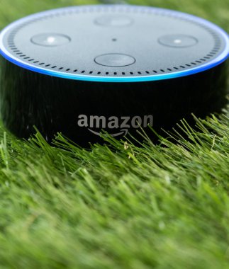 Tokyo, Japonya - 8 Temmuz 2018. Amazon'un yankı nokta, Alexa sanal asistan yeşil çimenlerin üzerinde.