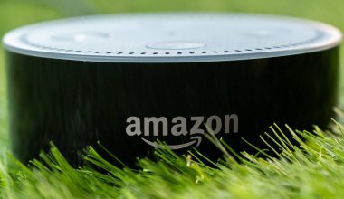 Tokyo, Japonya - 8 Temmuz 2018. Amazon'un yankı nokta, Alexa sanal asistan yeşil çimenlerin üzerinde.