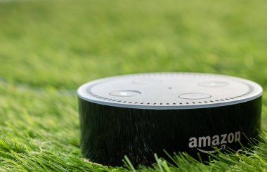 Tokyo, Japonya - 8 Temmuz 2018. Amazon'un yankı nokta, Alexa sanal asistan yeşil çimenlerin üzerinde.