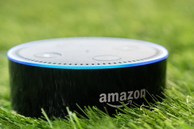 Tokyo, Japonya - 8 Temmuz 2018. Amazon'un yankı nokta, Alexa sanal asistan yeşil çimenlerin üzerinde.