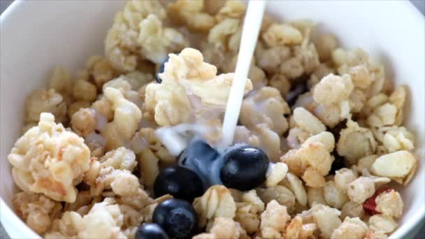 Breakfast Cereal White Bowl Adding Milk — Stock Video