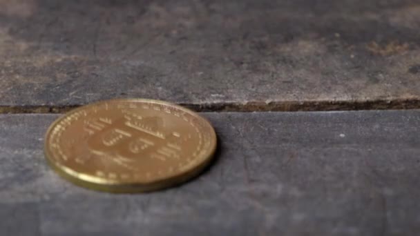 Goldmünzen Für Btc Kryptowährung Auf Holzgrund — Stockvideo