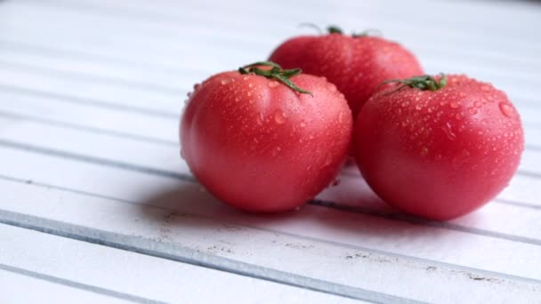 Tomates Maduros Com Gotas Água — Vídeo de Stock