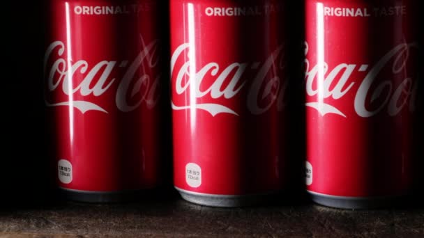 Coca Cola Can Drinks Wooden Board Establishing Roll Clip — Stock Video