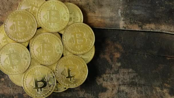 Bitcoins Criptomoeda Fundo Madeira — Vídeo de Stock