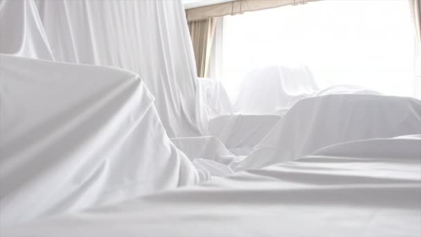 White Dust Cover Cloth Covering Furnitures Room — Stock Video