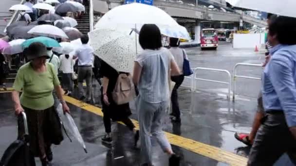 横断歩道を渡る傘を持つ人々 — ストック動画