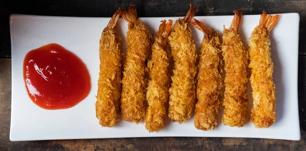 Deep Fried Prawns Coated Crispy Flour White Plate Wooden Background — Stock Photo, Image