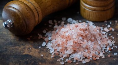 Himalaya tuz ahşap tahta üzerinde Kapat