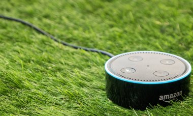 Tokyo, Japonya - 8 Temmuz 2018. Amazon'un yankı nokta, Alexa sanal asistan yeşil çimenlerin üzerinde.