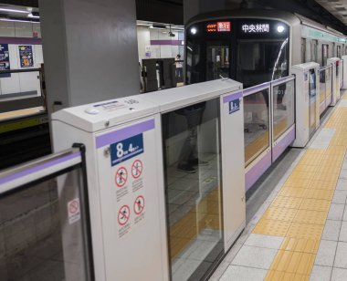 Tokyo, Japonya - 14 Temmuz 2018. Tokyo Metro metro tren istasyonu platformu gelen.