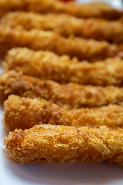 Deep Fried Prawns Coated Crispy Flour White Plate Wooden Background — Stock Photo, Image