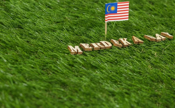 Miniature Malaysian Flag Merdeka Independence Day Text Green Grass Conceptual — Stock Photo, Image