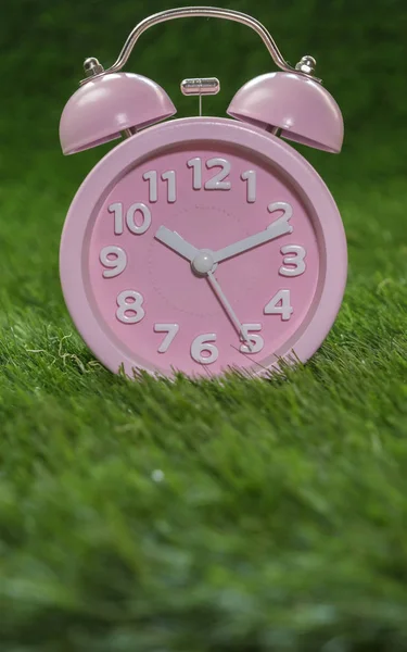 ピンクの緑の草の上の目覚まし時計 クローズ アップ — ストック写真